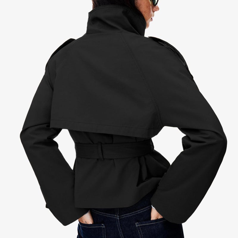 Maohao Women's Cropped Trench Coat Double Breasted Short Jacket High Collar Fall Winter Coats Trendy Outfit with Belt(Black,L) - Image 4