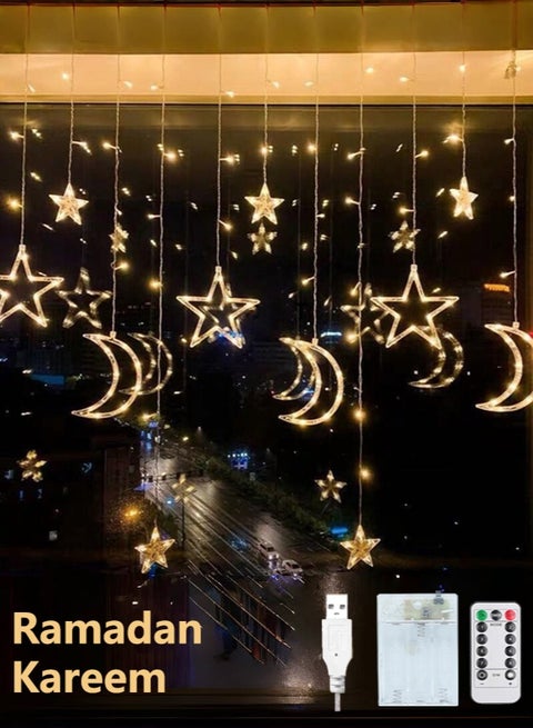 رمضان ستارة القمر والنجوم للديكور في شهر رمضان، طول 3.5 متر، أضواء رمضان مزينة، أضواء نافذة القمر والنجوم، أضواء سلسلة LED بثمانية أنماط وامضة، تصميم نجوم وقمر للديكور.