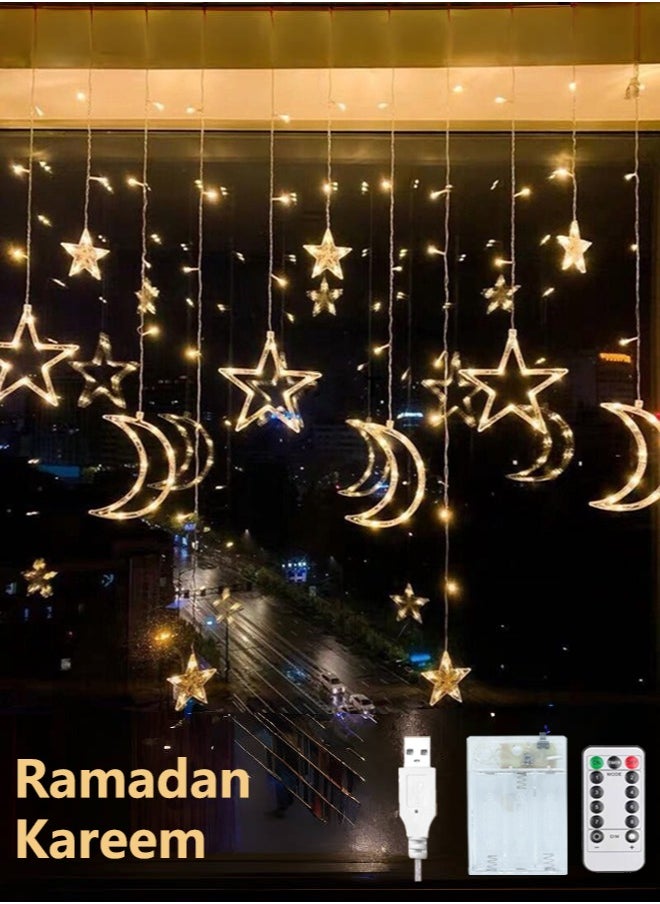 Tiokkss Ramadan Decorations Lights Moon Star String Curtain Ramadan Lights Moons and Stars LED Night Light for Ramadan Home Decoration Party, USB and Battery Box Powered (Warm White)  - Image 1