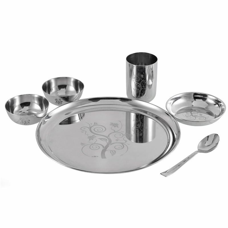 Kraft- follow your imagination Kraft Radiant Traditional Stainless Steel Dinner Set of 1 Thali - 6 Pcs | Premium, Elegant Design | Mirror Finish | Food Grade, Toxin Free | 2 Year Warranty - Silver - Image 1