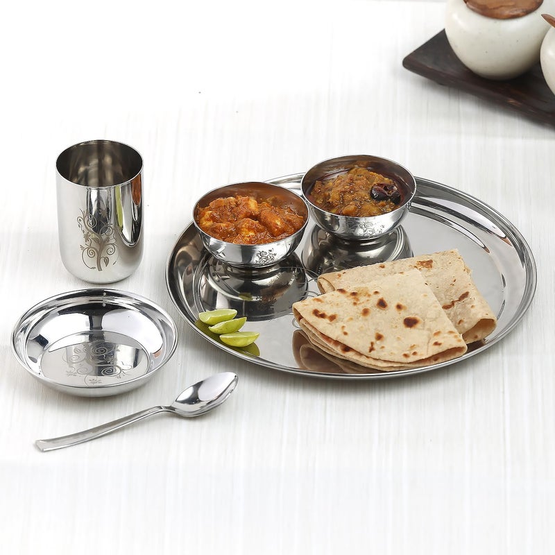 Kraft- follow your imagination Kraft Radiant Traditional Stainless Steel Dinner Set of 1 Thali - 6 Pcs | Premium, Elegant Design | Mirror Finish | Food Grade, Toxin Free | 2 Year Warranty - Silver - Image 2