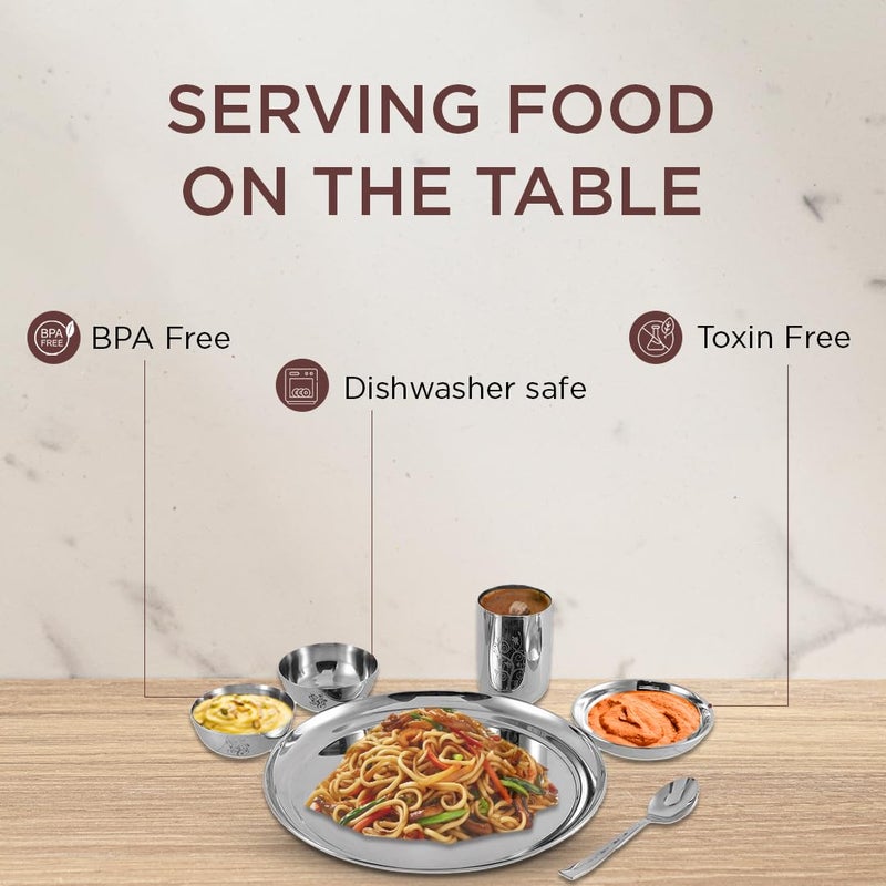 Kraft- follow your imagination Kraft Radiant Traditional Stainless Steel Dinner Set of 1 Thali - 6 Pcs | Premium, Elegant Design | Mirror Finish | Food Grade, Toxin Free | 2 Year Warranty - Silver - Image 5