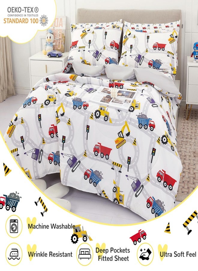 Viviland Kids Twin Bedding Sets for Boys, Girls Soft Twin Comforter Set with Sheets, 5 Pieces Microfiber Bed in a Bag, White Car Excavator - Image 4
