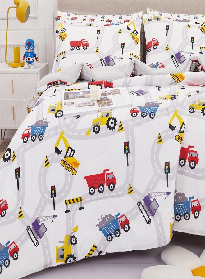 Viviland Kids Twin Bedding Sets for Boys, Girls Soft Twin Comforter Set with Sheets, 5 Pieces Microfiber Bed in a Bag, White Car Excavator - Image 1