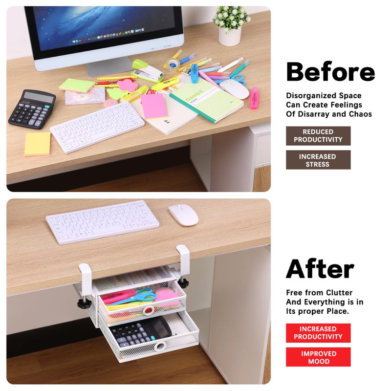 ROSYLINE Under Desk & Desktop Drawer Organizer - 2-Tier Metal Slide Out Drawers Organizer, Storage for Home Office Desk (White) - Image 5