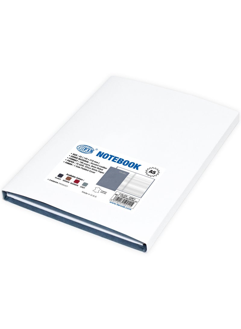 FIS دفتر FIS جلد ملصق، حجم A5، ورق أبيض مائل، 70 جرام، 196 صفحة، 8 مم مسطر، غلاف مبطن من جهة واحدة، لون رمادي - FSNB1SA5WHBLGY - Image 5