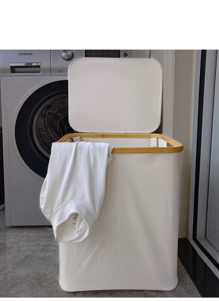 Living - Bamboo Laundry Sorting Basket with Lid, Portable Foldable Laundry Basket with Wooden Frame - Image 1