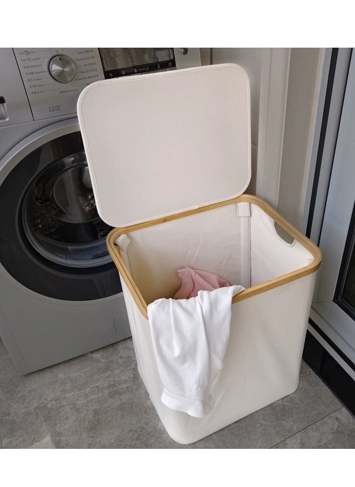 Living - Bamboo Laundry Sorting Basket with Lid, Portable Foldable Laundry Basket with Wooden Frame - Image 1