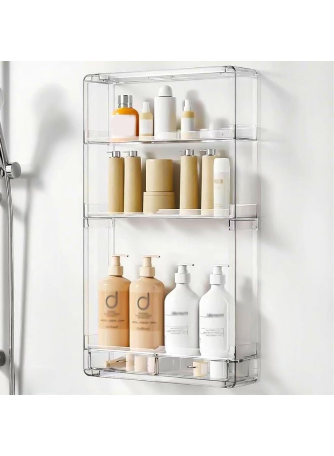 3-Tier Wall-Mounted Shower Caddy, Bathroom Organiser with Adhesive, No Drill Shower Organizer, Clear Wall-Mounted Bathroom Storage Shelf for Kitchen, RV, Cosmetic - Image 1