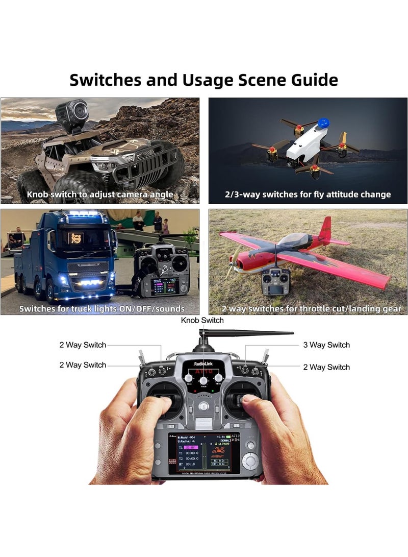 Radiolink AT10II 12 Channels 2.4G RC Transmitter and Receiver R12DS & PRM-01 Voltage Telemetry Radio Controller for RC Airplane FPV Racing Drone Quad Helicopter Car and Boat (Grey Mode 2 Left Hand) - Image 3