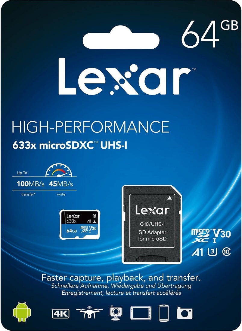 Lexar - 633X 64GB 100MB-45MB/s microSDXC UHS-1 Class 10 A1 V30 U3 Memory Card + Adapter (LSDMI64GBB633A) - Image 1