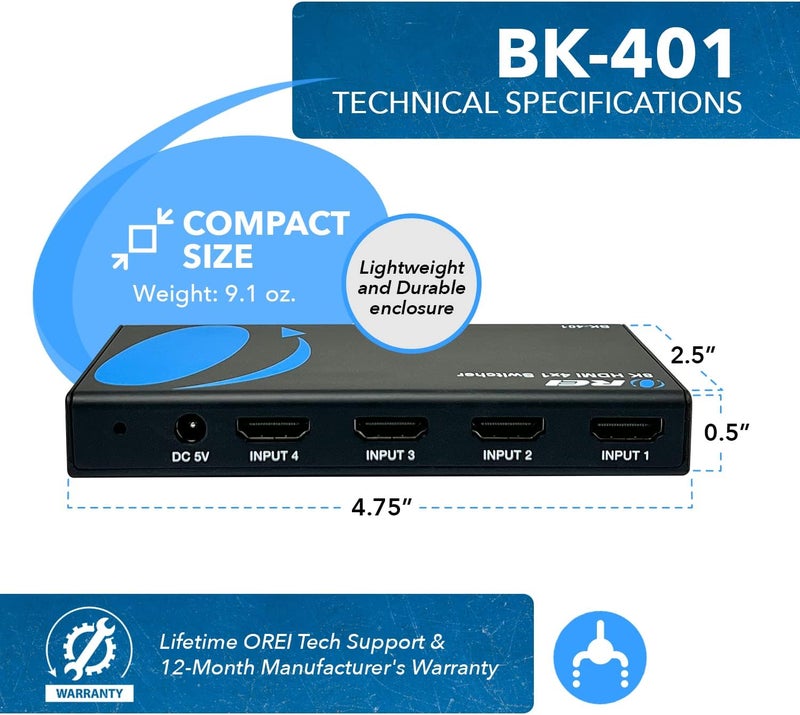 OREI 8K 4x1 HDMI 2.1 Switch 4K @ 120hz Switcher 4 in 1 Out, Support HDR, HDR10, Dolby Vision, HLG 48Gbps for Xbox Series X PS5 Roku Fire TV Monitor Projector Dolby - Image 5