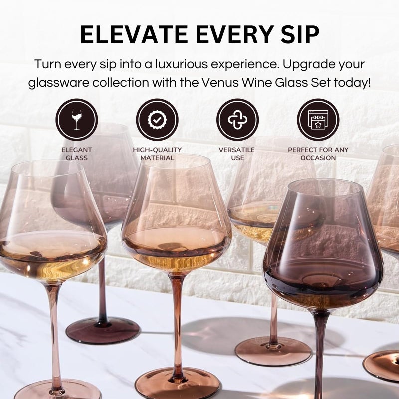 Khen Venus Wine Glass Sets, 20oz Glasses Set of 6 Melanin Brown Colored for Her, Mom, Wife, Girlfriend, Mama, Special Celebrations Color Drinkware Unique Style Tall Stemmed Amber Colors Bronze Glassware - Image 4