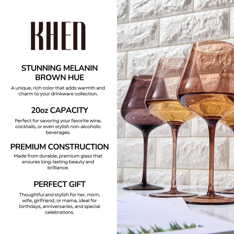 Khen Venus Wine Glass Sets, 20oz Glasses Set of 6 Melanin Brown Colored for Her, Mom, Wife, Girlfriend, Mama, Special Celebrations Color Drinkware Unique Style Tall Stemmed Amber Colors Bronze Glassware - Image 5