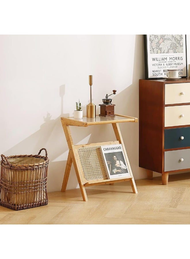 LINGWEI Bamboo End Table with Storage 50x56x36cm Bamboo Side Table with Carrugrated Glass Top Small Coffee table - Image 2