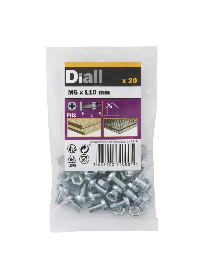 Diall M5 Carbon Steel Pan Head Machine Screw And Nut 10mm 20Pcs