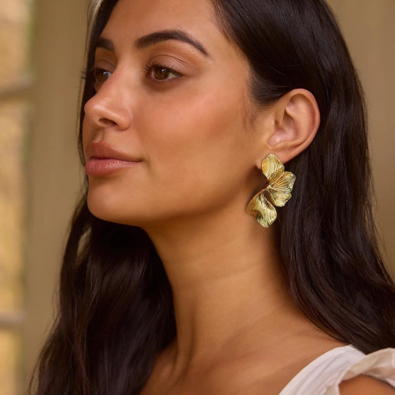 17mile Gold Flower Statement Earrings for Women, 14K Gold Plated Large Irregular Leaf Floral, Big Chunky Dangle Earrings Set - Image 5