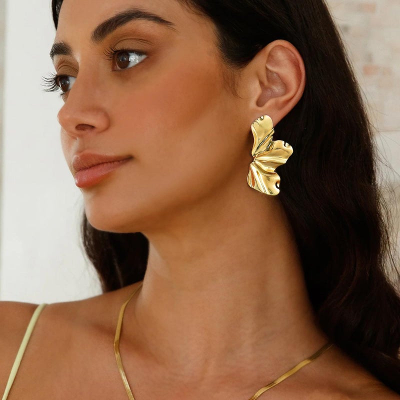 17mile Gold Flower Statement Earrings for Women, 14K Gold Plated Large Irregular Leaf Floral, Big Chunky Dangle Earrings Set - Image 3