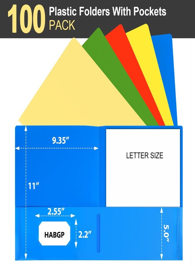 Habgp 100 Pack Plastic Folders with Pockets, 5 Color Heavy Duty Two Pocket Folder Business Card Holder for Office High School, Business Resume - Image 2