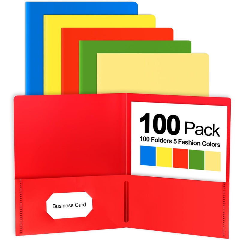 Habgp 100 Pack Plastic Folders with Pockets, 5 Color Heavy Duty Two Pocket Folder Business Card Holder for Office High School, Business Resume - Image 1