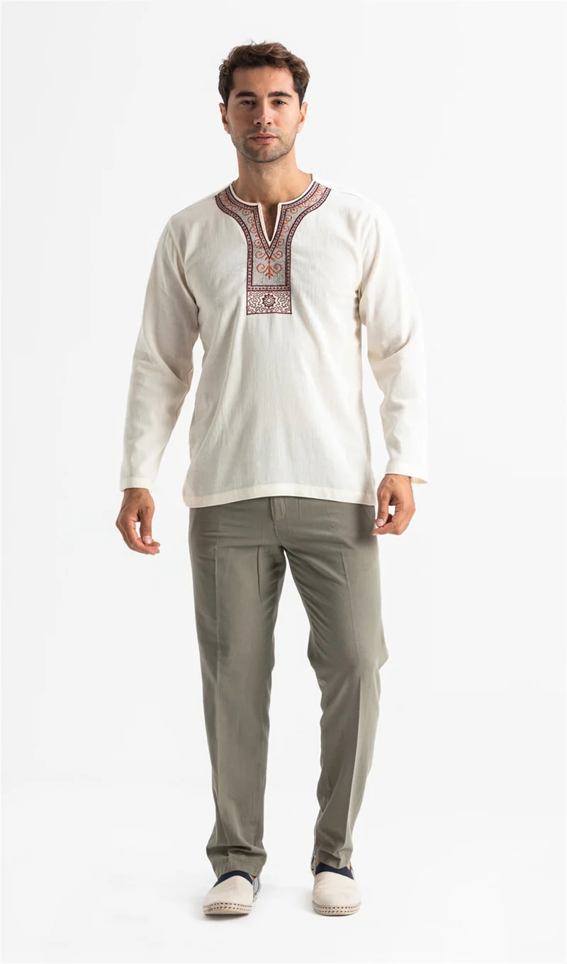 اليش شيل بيزي Long Sleeve Şile Cloth Cycling Collar Ethnic Men's T-Shirt Cream Cream
