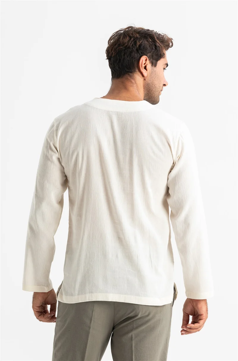 اليش شيل بيزي Long Sleeve Şile Cloth Cycling Collar Ethnic Men's T-Shirt Cream Cream
