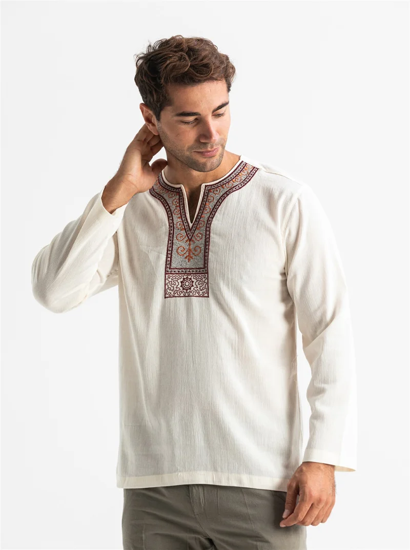 اليش شيل بيزي Long Sleeve Şile Cloth Cycling Collar Ethnic Men's T-Shirt Cream Cream