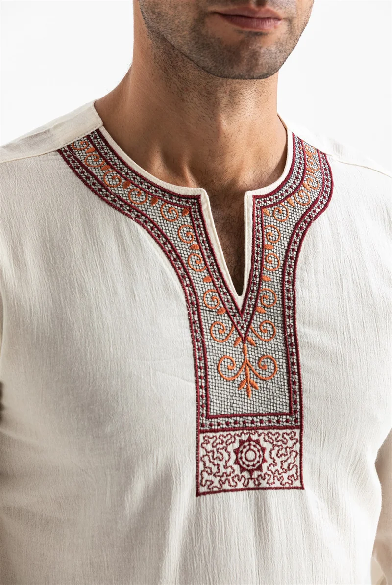 اليش شيل بيزي Long Sleeve Şile Cloth Cycling Collar Ethnic Men's T-Shirt Cream Cream