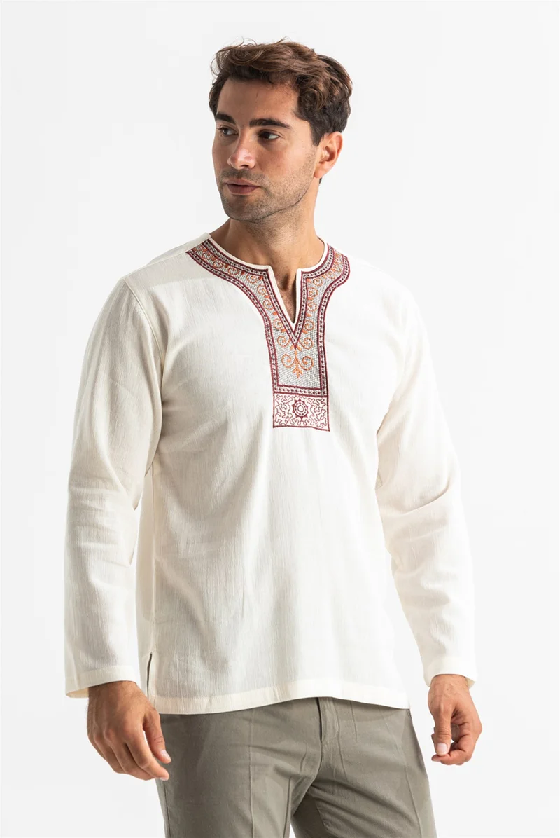 اليش شيل بيزي Long Sleeve Şile Cloth Cycling Collar Ethnic Men's T-Shirt Cream Cream