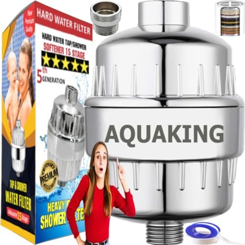 AQUAKING Shower Filter For Hard Water Bathroom Tap Softener Removes Chlorine, Salt, Rust From Borewell, Municipality Water Helps Stop Hair Fall, Get Glowing Skin,15 Stage Pack of 1 - Image 1