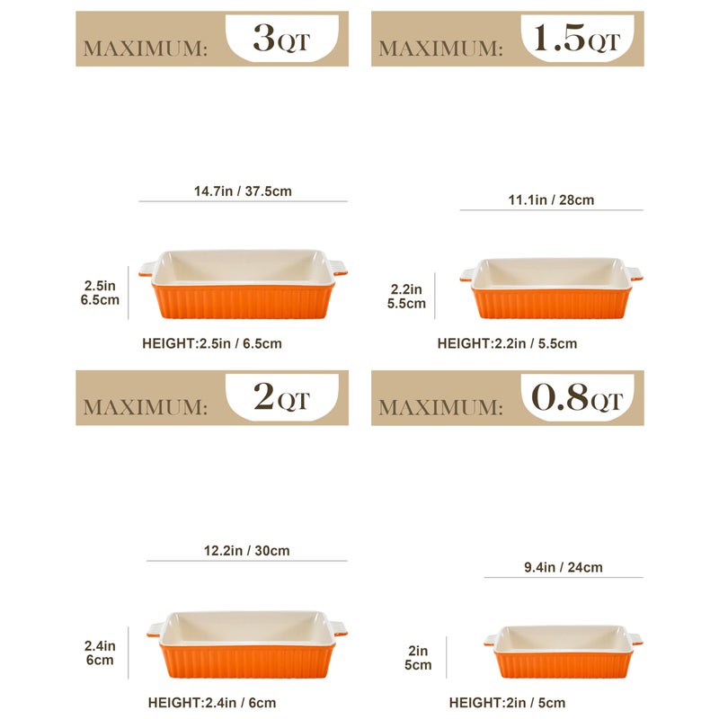 MALACASA Bakeware Set of 4, Porcelain Baking Pans Set for Oven, Casserole Dish, Ceramic Rectangular Baking Dish Lasagna Pans for Cooking Cake Kitchen, Orange(9.4"/11.1"/12.2"/14.7"), Series BAKE.BAKE - Image 2