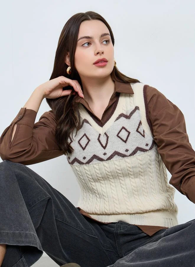 Styli  Styli Cream Cable Knit Patterned Vest for Women | Best Price UAE