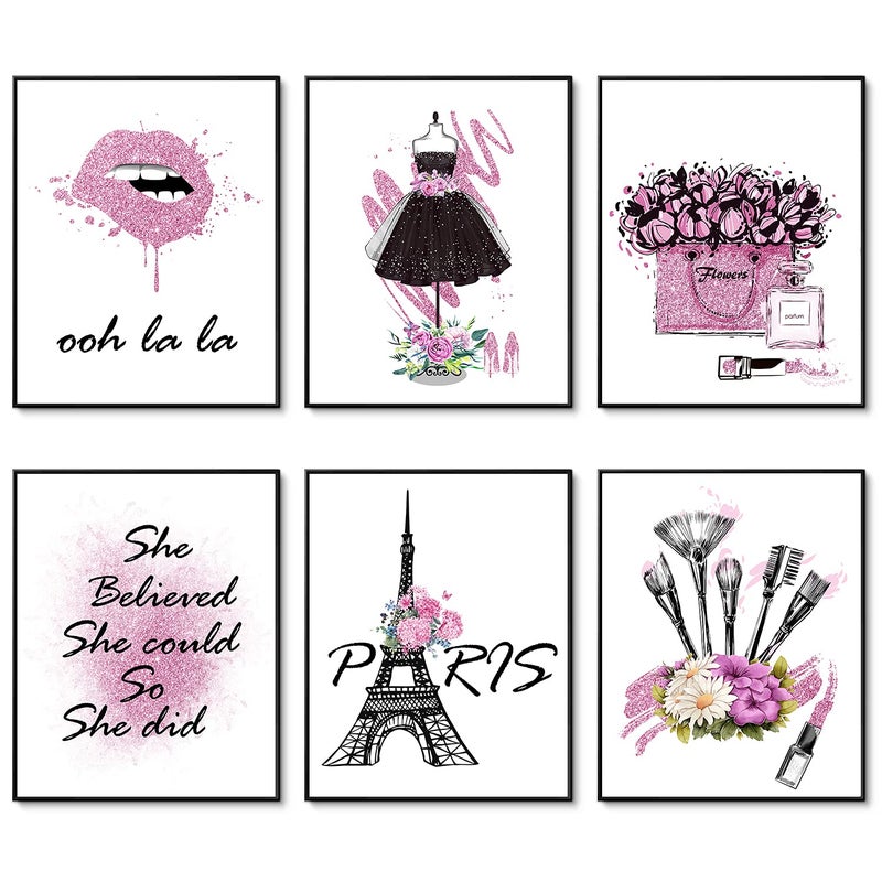 HoozGee Pink Fashion Wall Art Girl Room Decor Makeup Room Artwork Prints Set of 6 Paris Perfume Flower Lipstick Canvas Art Posters Wall Decor for Bedroom 8x10 UNFRAMED Cute Pink
