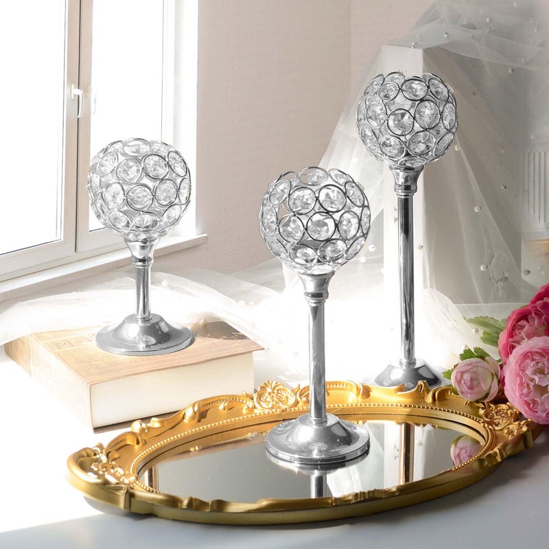 Kehail Set of 3 Silver Crystal Metal Tealight Candlestick, Bling Bowl Candelabras, Tall Votive Candle Holders Elegant Candle Centerpiece for Dining Table Wedding Decor - Image 5