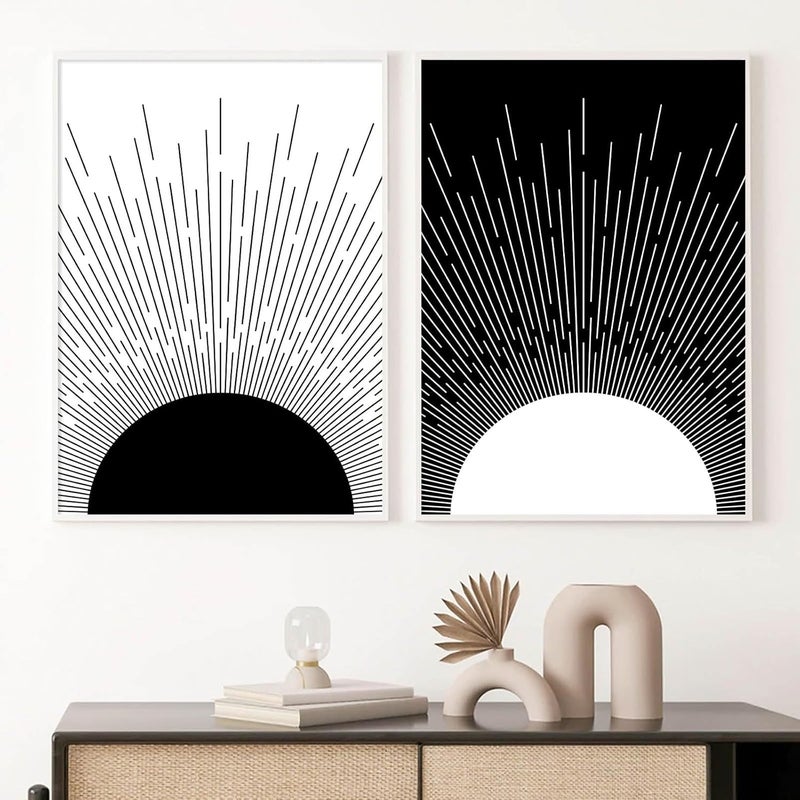 Ecyanlv Black and White Geometric Abstract Wall Art Black and White Boho Canvas Painting Minimalist Art Prints Black and White Line Art Mid Century Modern Geometric Wall Art 16x24inch (Set of 2) Frameless - Image 1
