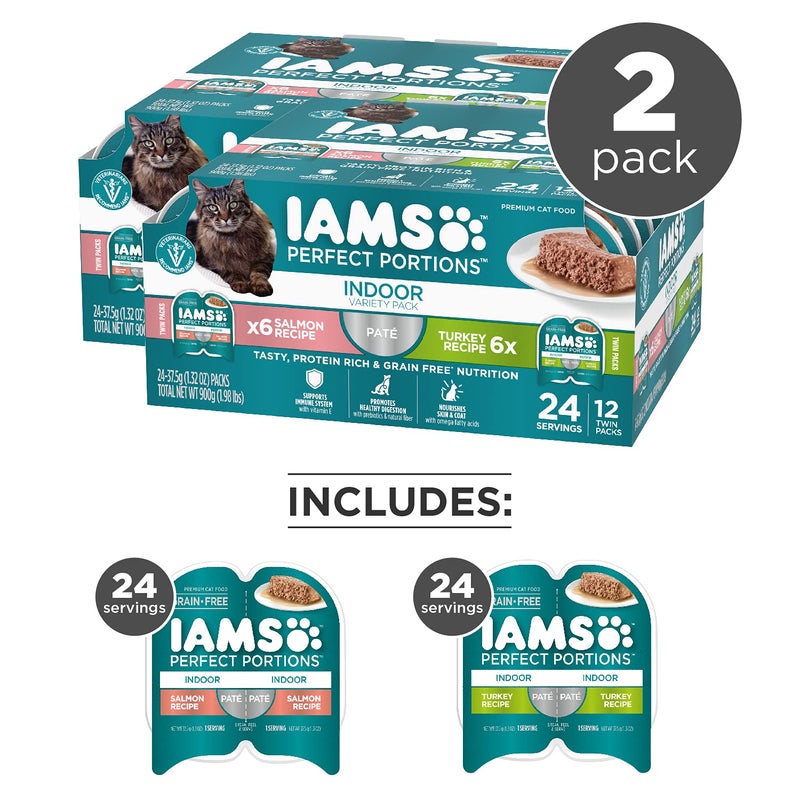 IAMS Perfect Portions Indoor Adult Grain Free Wet Cat Food Pate, Turkey and Salmon Recipe, 2.6 oz. Twin-Pack Trays (12 Count, 24 Servings) (Pack of 2) - Image 2