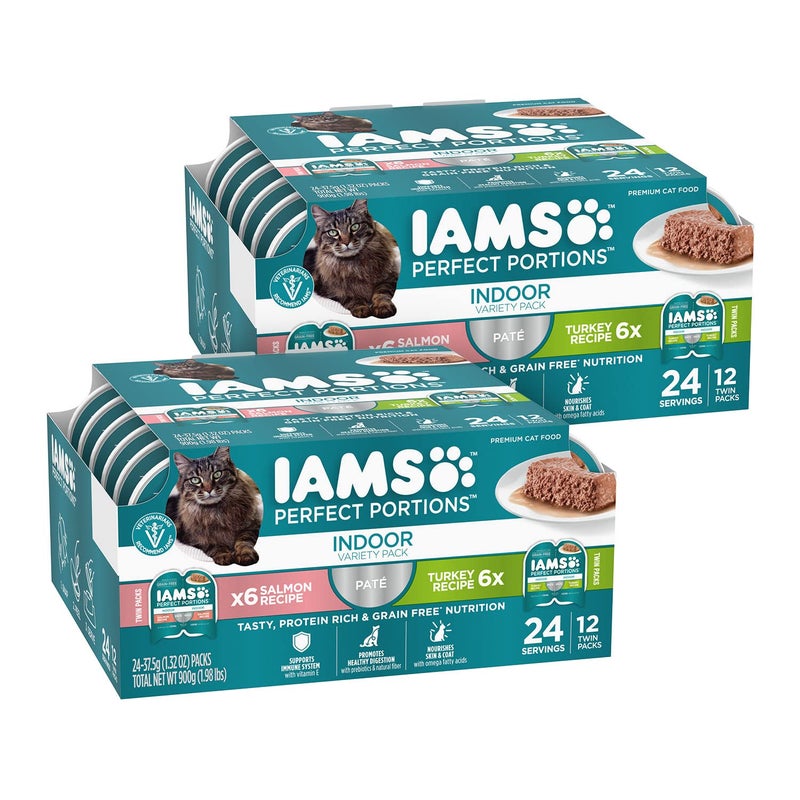 IAMS Perfect Portions Indoor Adult Grain Free Wet Cat Food Pate, Turkey and Salmon Recipe, 2.6 oz. Twin-Pack Trays (12 Count, 24 Servings) (Pack of 2) - Image 1