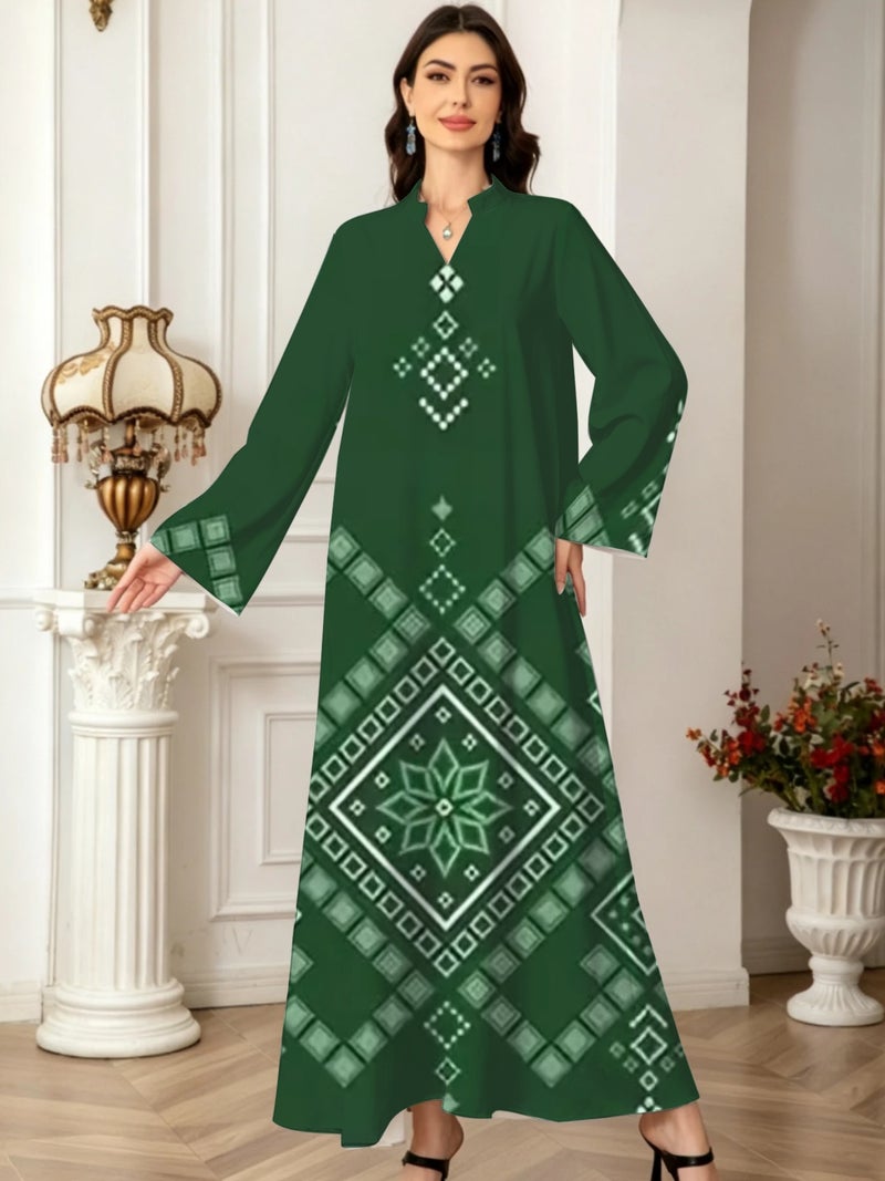 Green Diamond Geometric Floral Print Stand Collar Abaya - Image 2