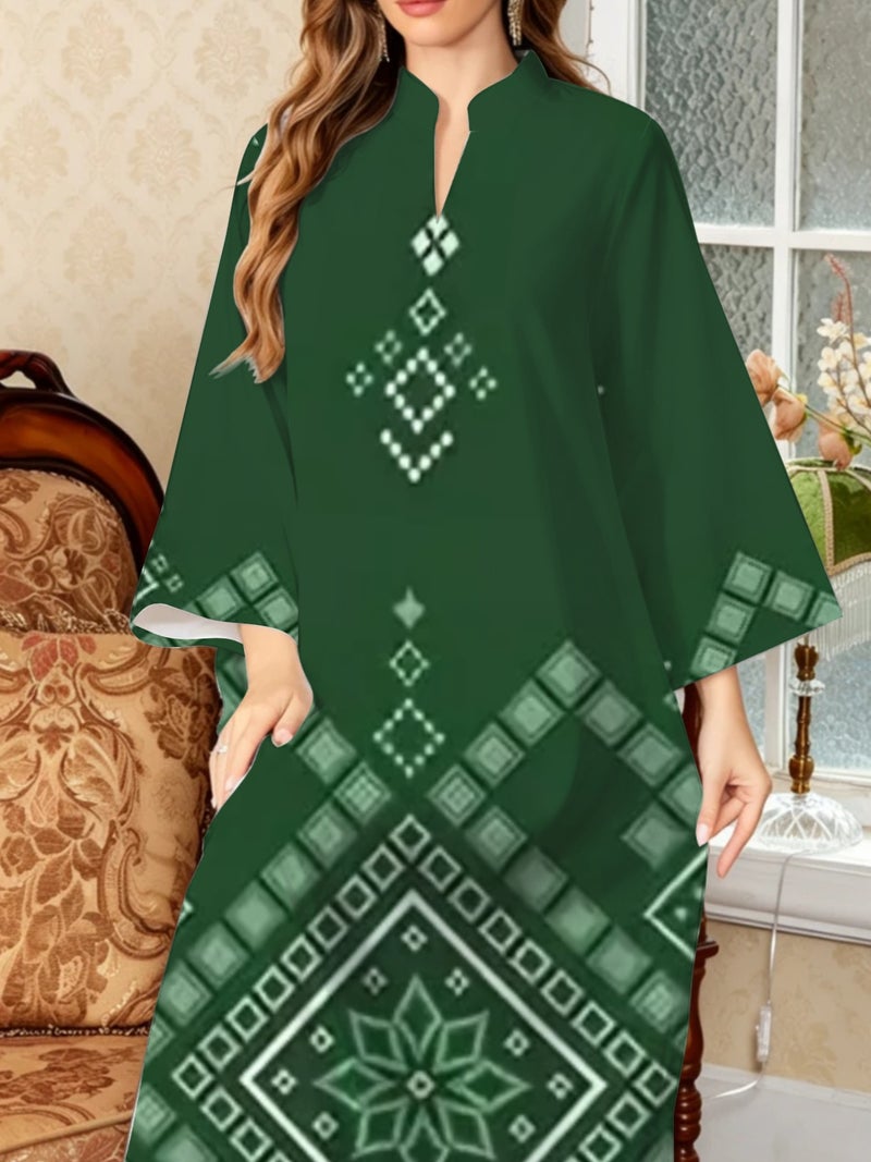 Green Diamond Geometric Floral Print Stand Collar Abaya - Image 5