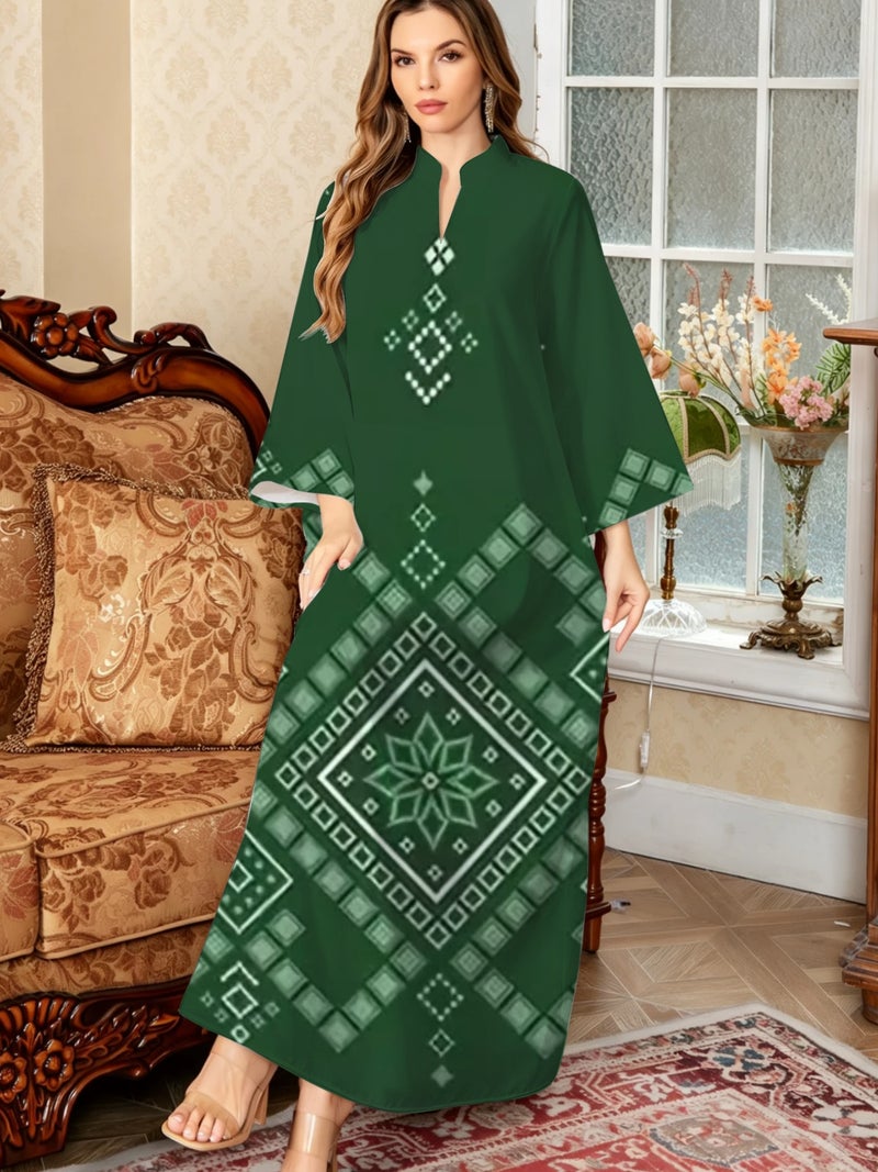 Green Diamond Geometric Floral Print Stand Collar Abaya - Image 3