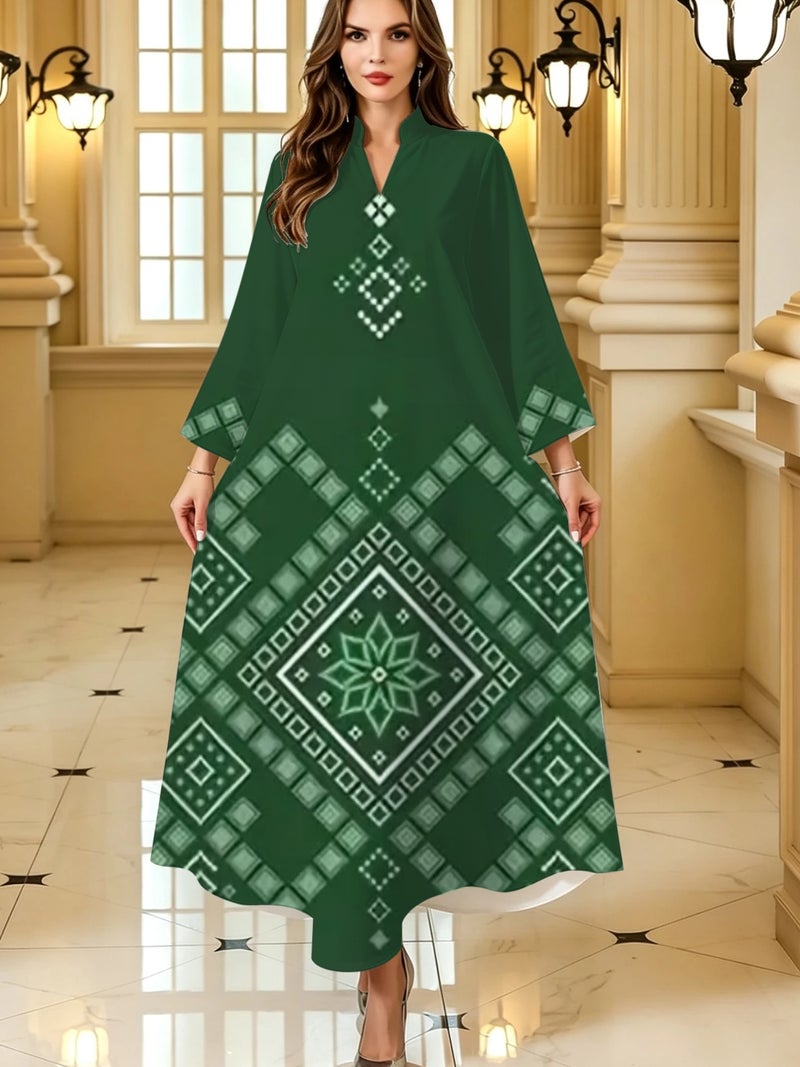 Green Diamond Geometric Floral Print Stand Collar Abaya - Image 1