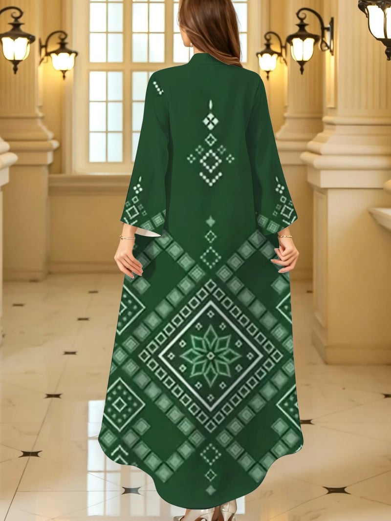 Green Diamond Geometric Floral Print Stand Collar Abaya - Image 4