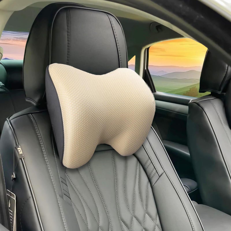 SPRFUFLY Make Restful Car Headrest Pillow Car Pillow for Driving with Adjustable Strap Breathable Removable Cover  Ergonomic Design  Softness Travel Car Neck Support PillowBeige 1PC