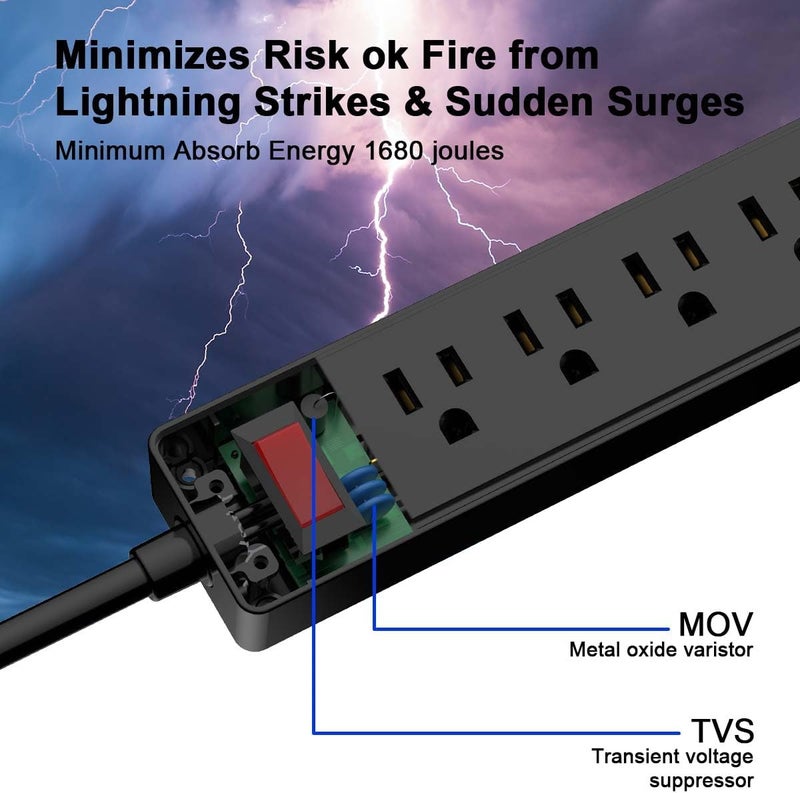 Yintar 6Ft Power Strip Surge Protector - Extension Cord with 6 AC Outlets and 3 USB Ports for for Home, Office, Dorm Essentials, 1680 Joules, ETL Listed, (Black) - Image 5