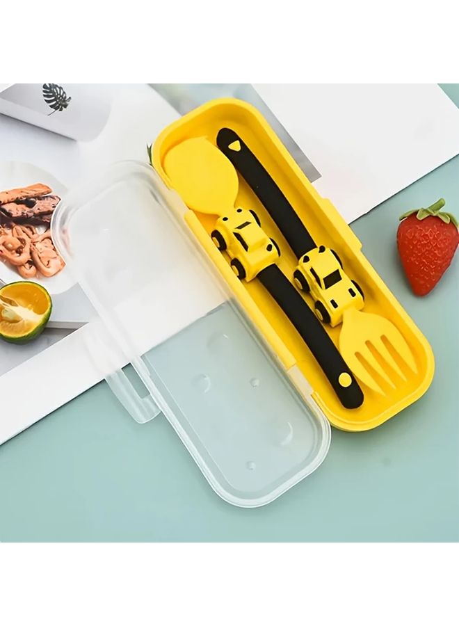Blue Cartoon Engineering Vehicle Fork And Spoon Set With Portable Storage Box - Image 4