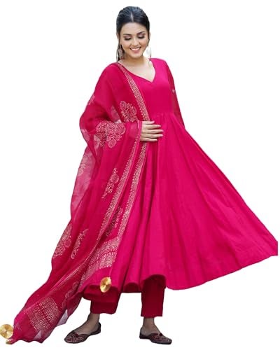 ANNI DESIGNER Women's Rayon Blend Solid Anarkali Kurta with Pant & Dupatta (Magic-Pink_L_Pink_Large) - Image 5