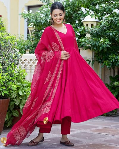 ANNI DESIGNER Women's Rayon Blend Solid Anarkali Kurta with Pant & Dupatta (Magic-Pink_L_Pink_Large) - Image 2