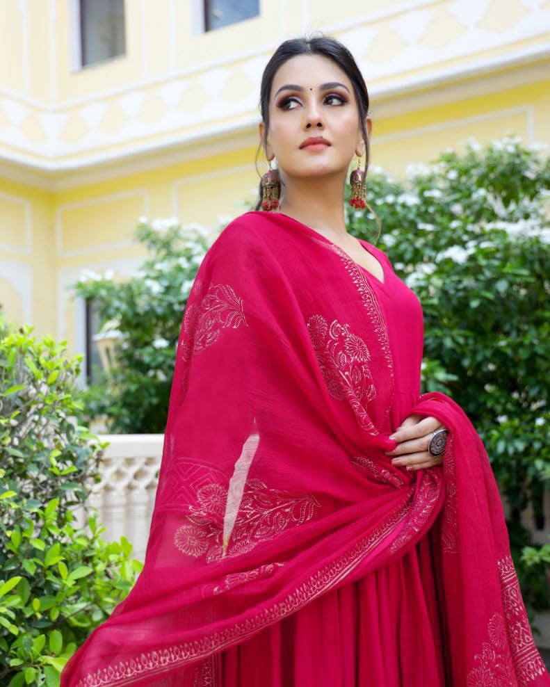 ANNI DESIGNER Women's Rayon Blend Solid Anarkali Kurta with Pant & Dupatta (Magic-Pink_L_Pink_Large) - Image 3