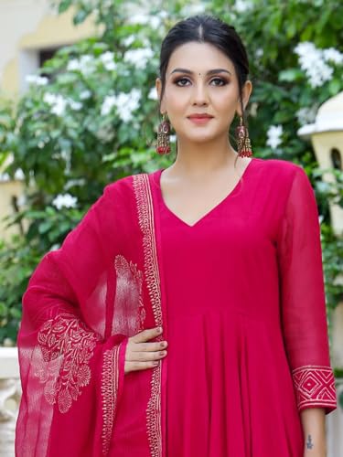 ANNI DESIGNER Women's Rayon Blend Solid Anarkali Kurta with Pant & Dupatta (Magic-Pink_L_Pink_Large) - Image 4
