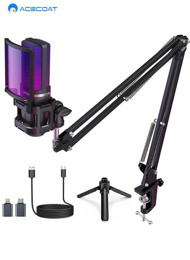 ACECOAT Gaming USB Microphone, Noise Cancellation Condenser Mic with Mute, Gain, Monitoring, Boom Arm Mic for Streaming, Podcast, Twitch, YouTube, Discord, PC, Computer, PS4, PS5, Mac, GamerWave DGM20S - Image 1